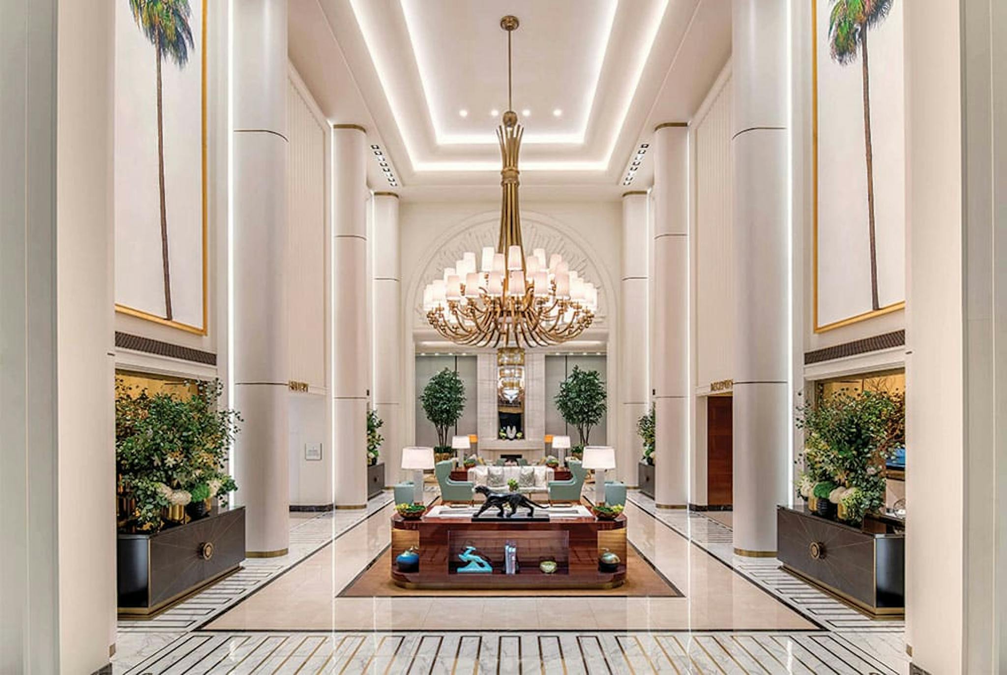 Waldorf Astoria hotel lobby, large and illuminated with lots of white