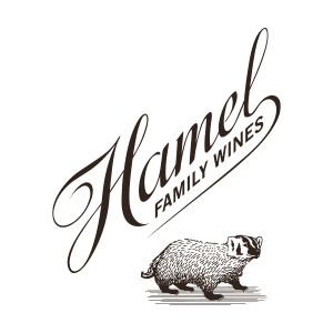 Hamel logo in black on transparent background with a small critter illustration
