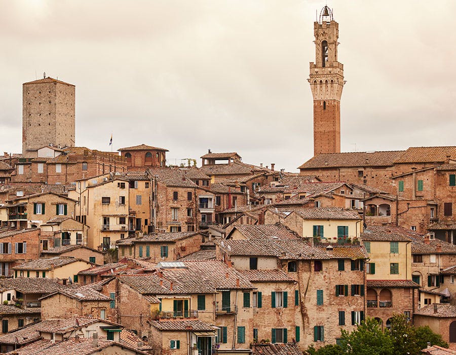 buildings on a hill with a larger clock tower at the top
