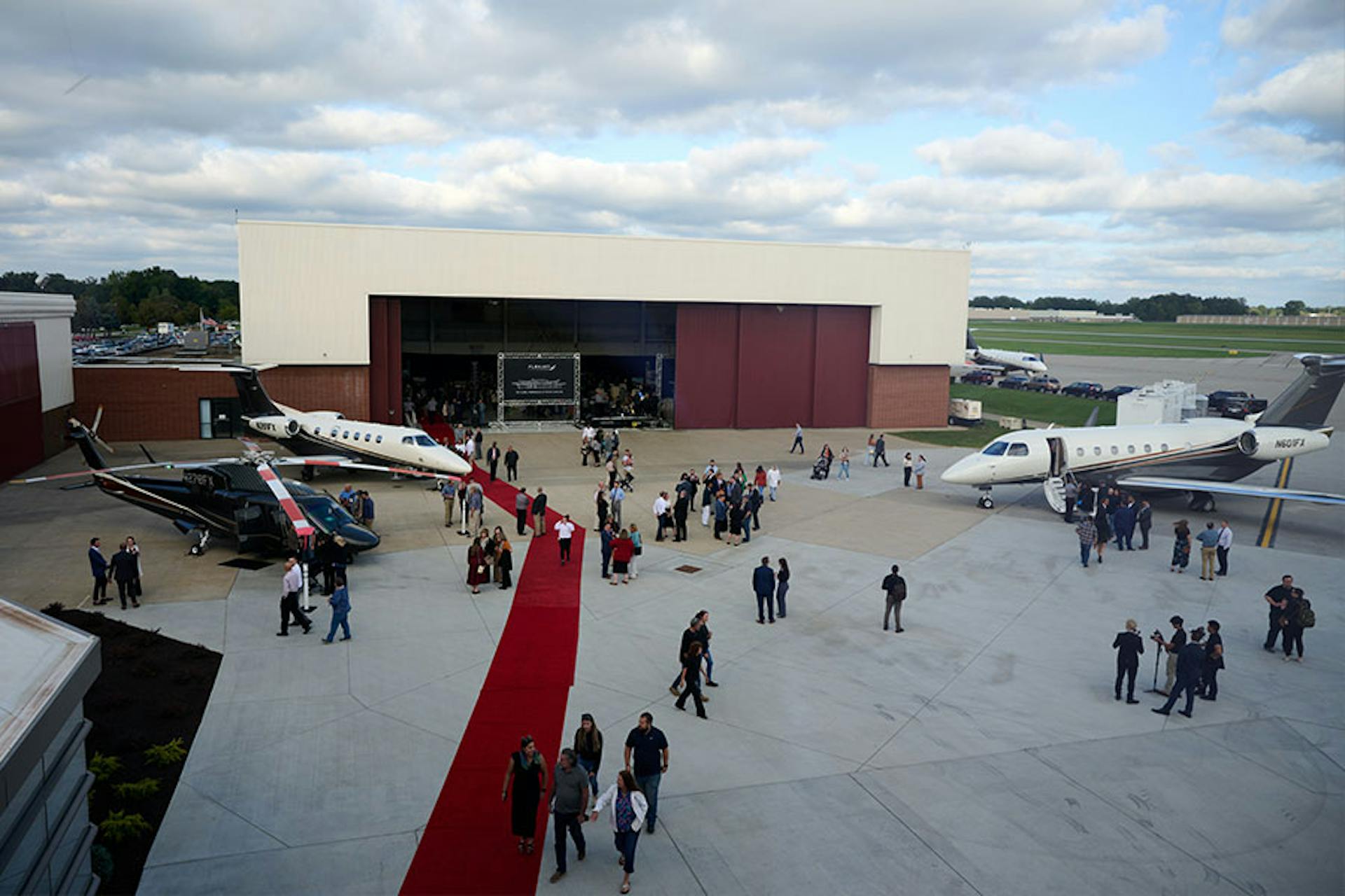 flexjet headquarters with aircraft stations and red carpet