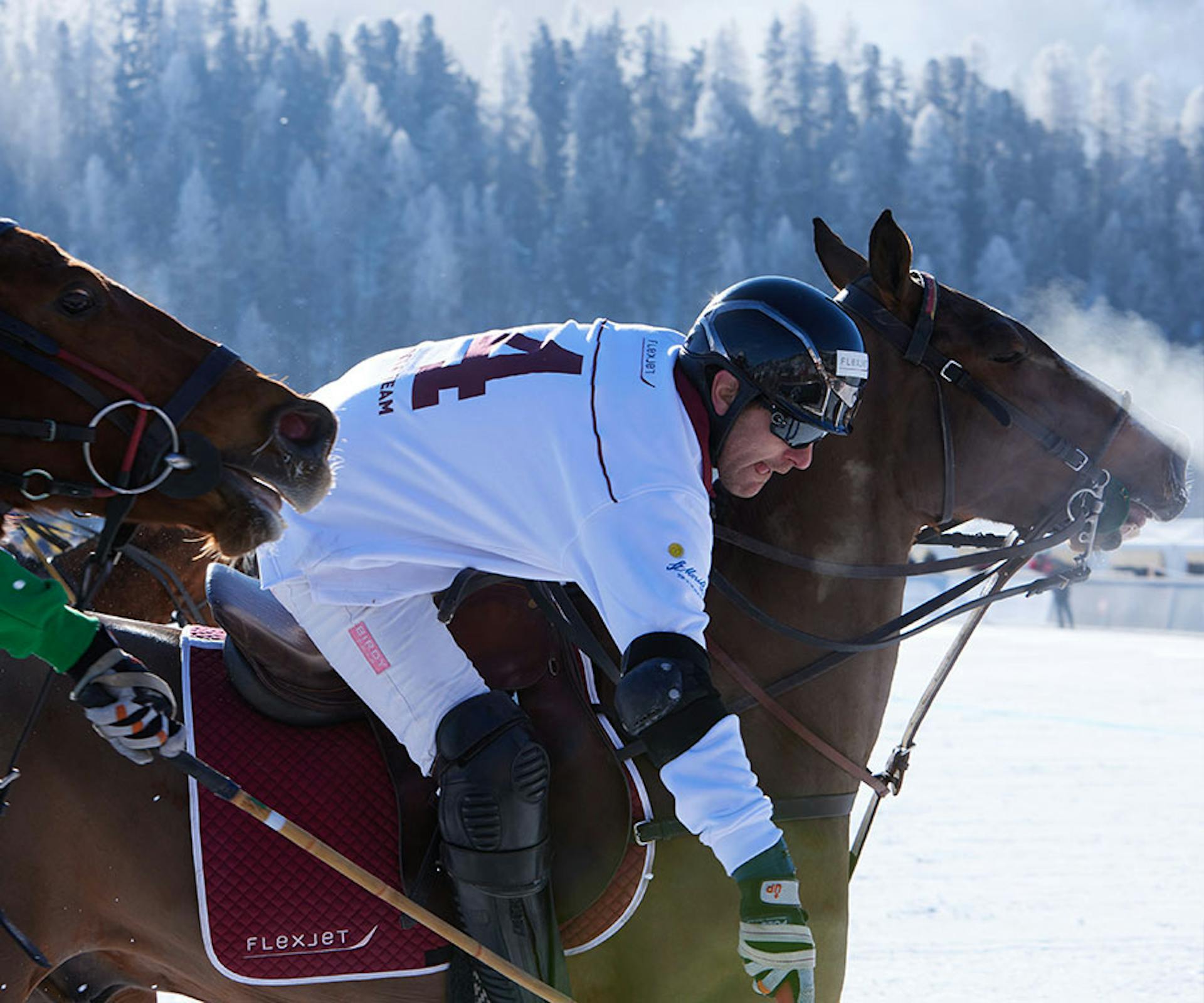 jockey riding horse in the snow