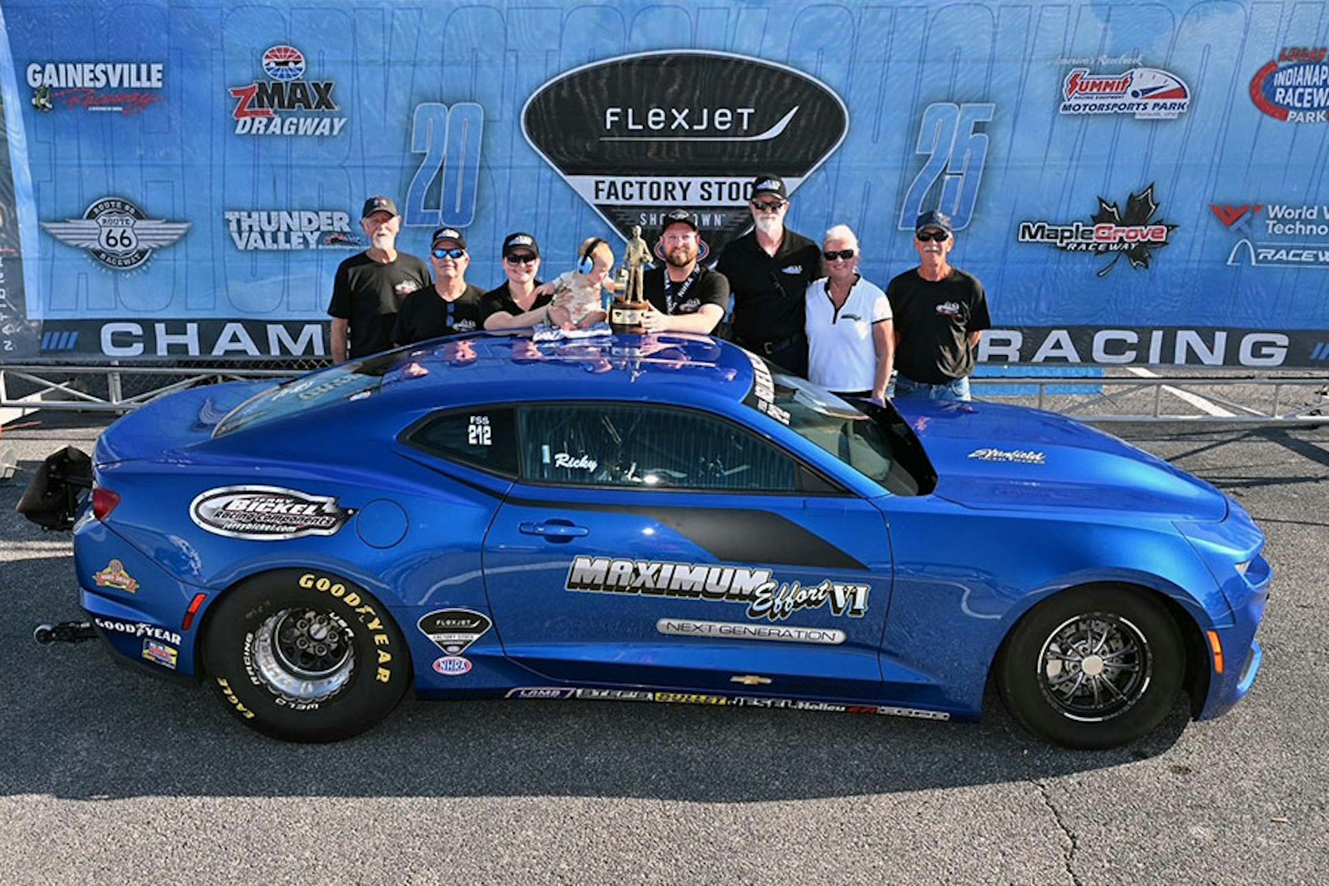 Ricky Hord and team celebrate in NAPA Auto Parts Nationals Flexjet Factory Stock Showdown winner’s circle
