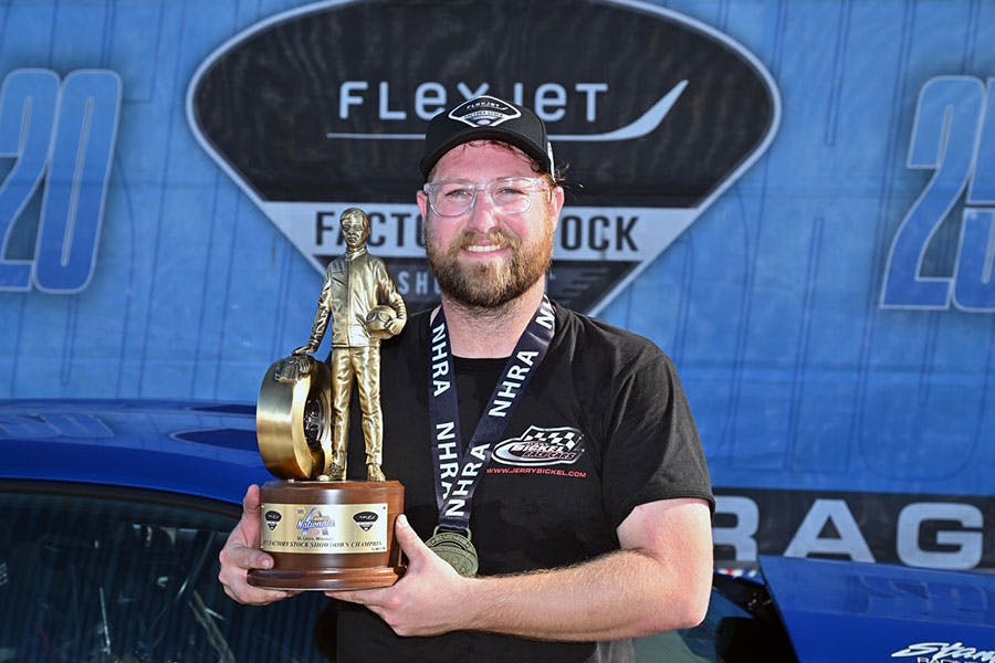 Ricky Hord celebrates win with iconic Wally trophy following his win in St. Louis at the NAPA Auto Parts NHRA Midwest Nationals