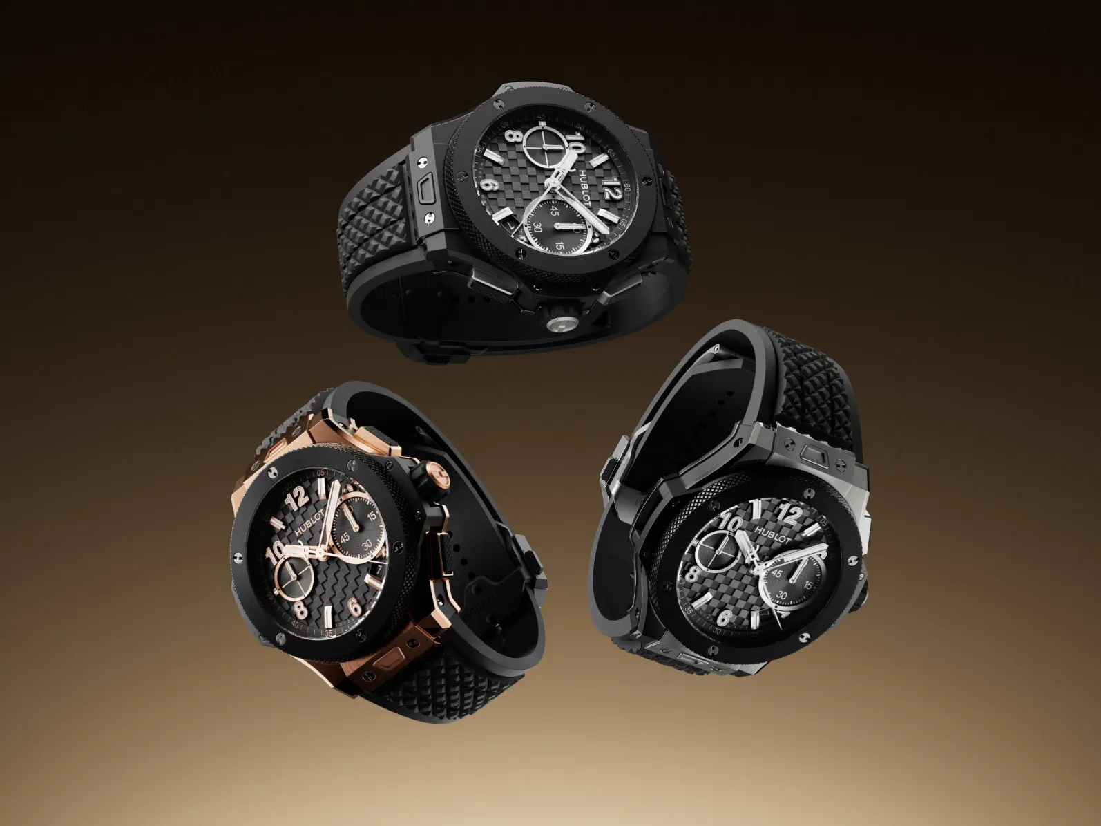 three watches in the center of a black to tan gradient background
