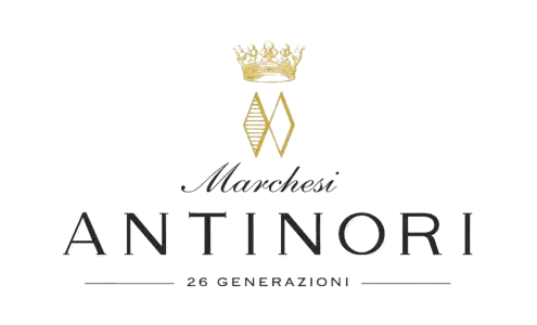 Antinori logo with gold crown and diamond shapes with Marchesi and 26 generazioni spelled out on transparent background