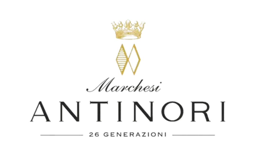 Antinori logo with gold crown and diamond shapes with Marchesi and 26 generazioni spelled out on transparent background