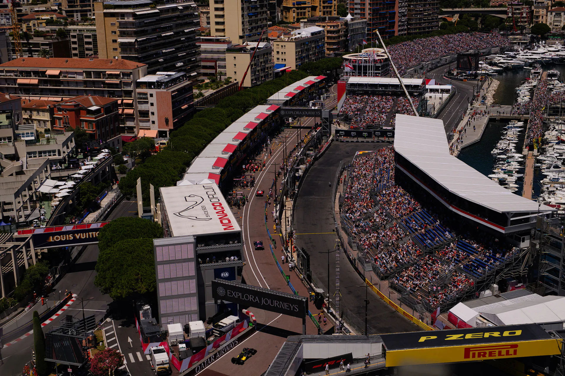 Aerial view of the race track and crowd