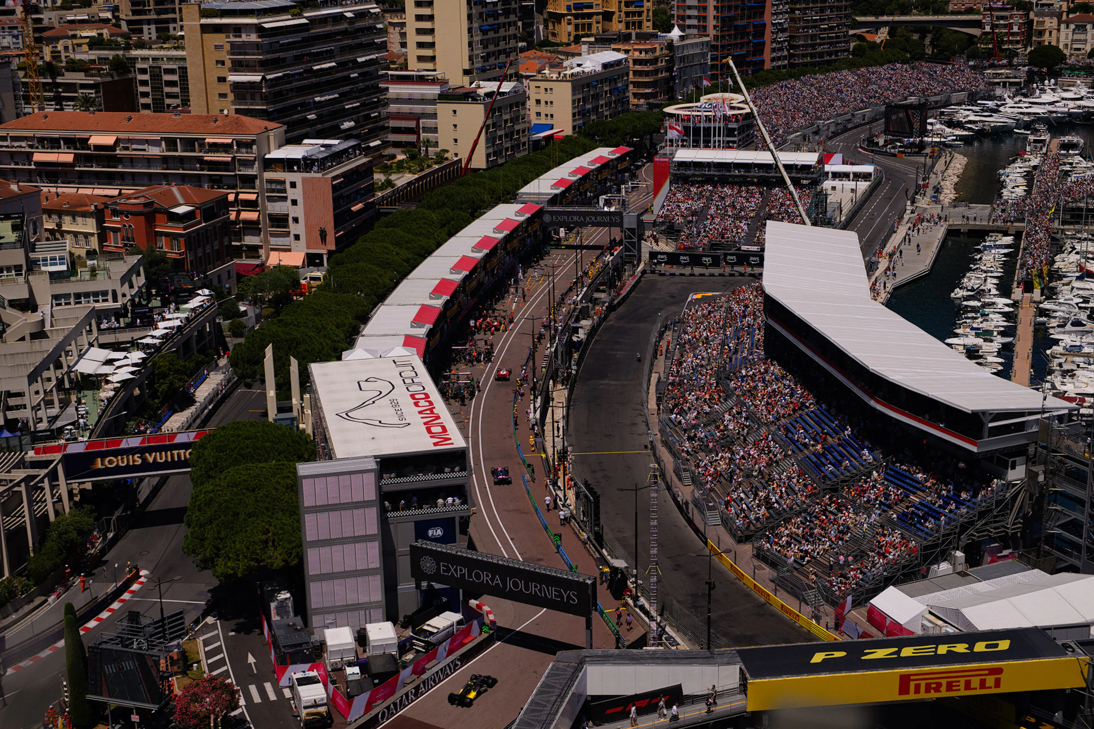 Aerial view of the race track and crowd