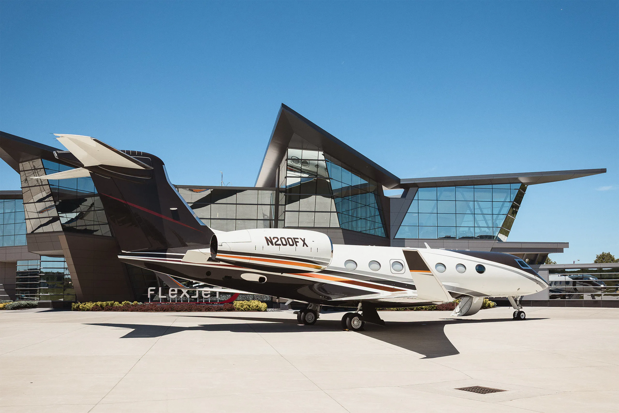 A Private jet in front of the Flexjet headquarters