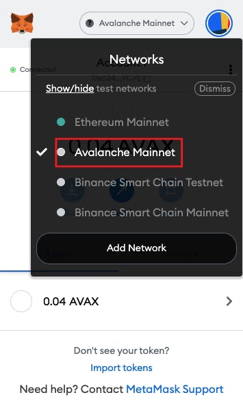 select avalanche network on pangolin exchange