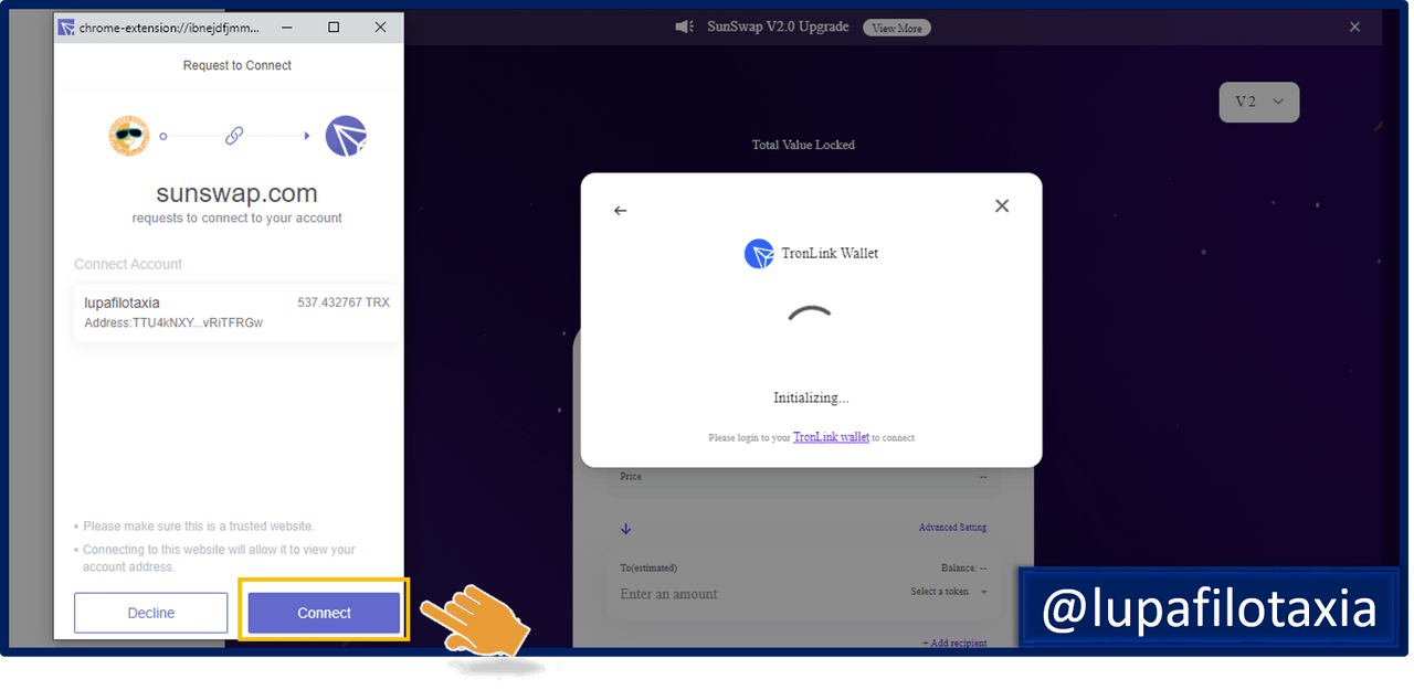 select the tronlink wallet option on sunswap