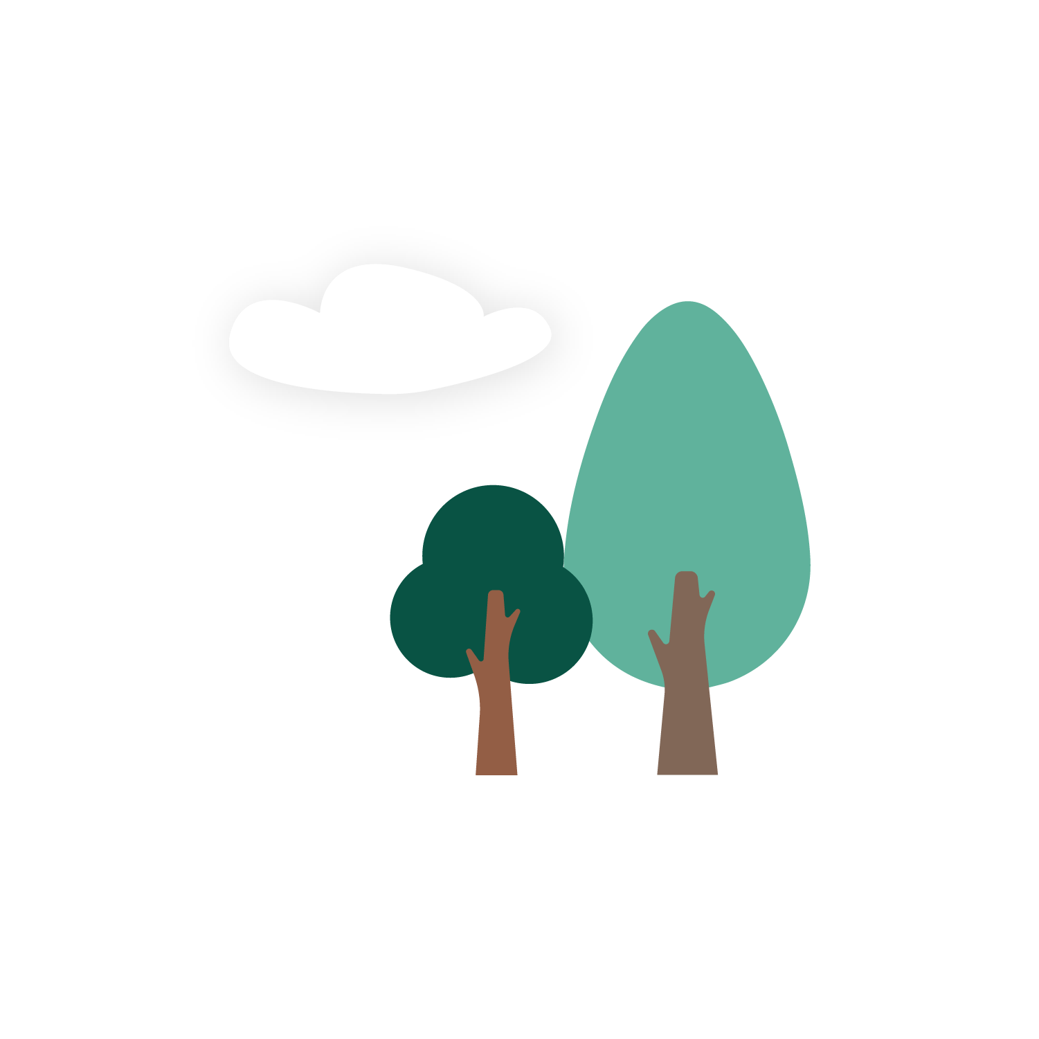 Illustration zeigt zwei grüne Bäume und eine weiße Wolke

