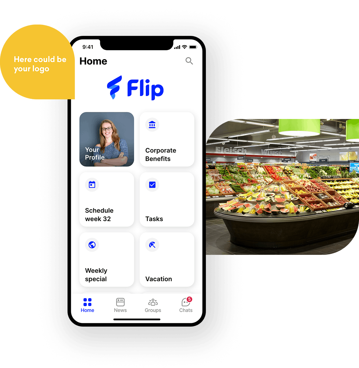 employee app Flip retail supermarket home & logo