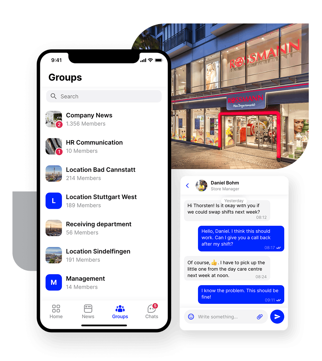 employee app Flip retail supermarket Groups + Chat