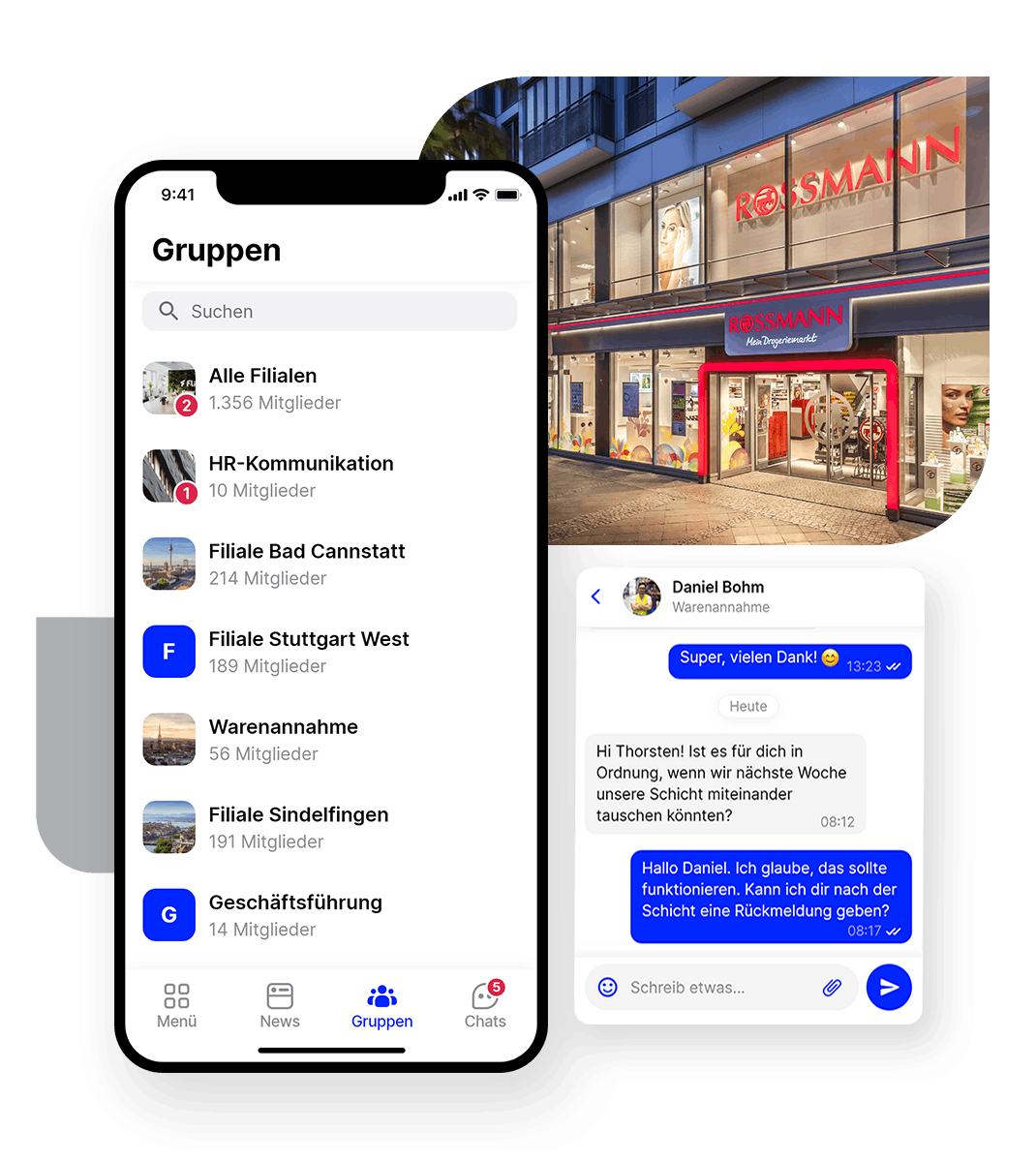 Mitarbeiter App Flip Handel Gruppen + Chat