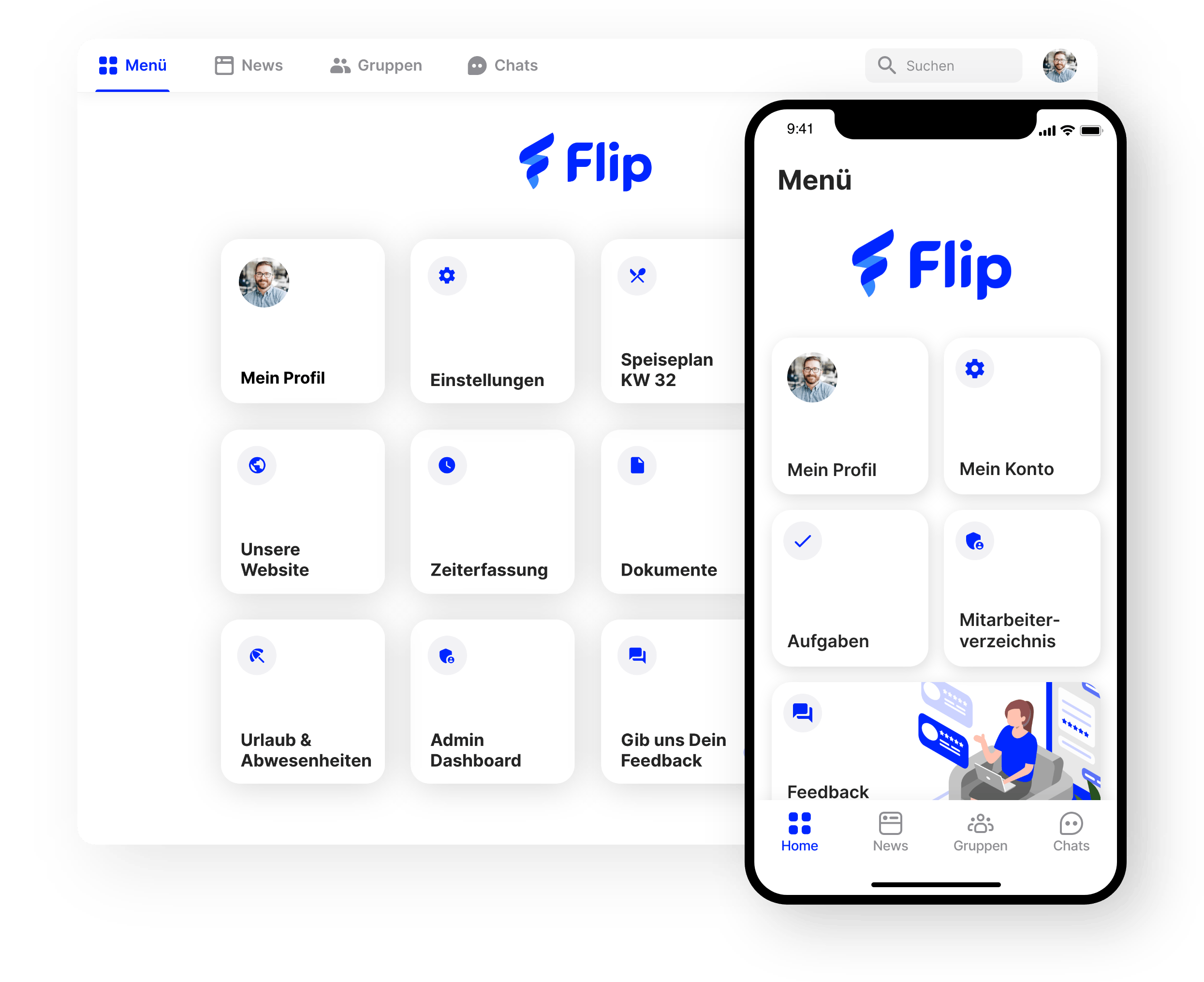 Mitarbeiter App Flip Menü-Übersicht
