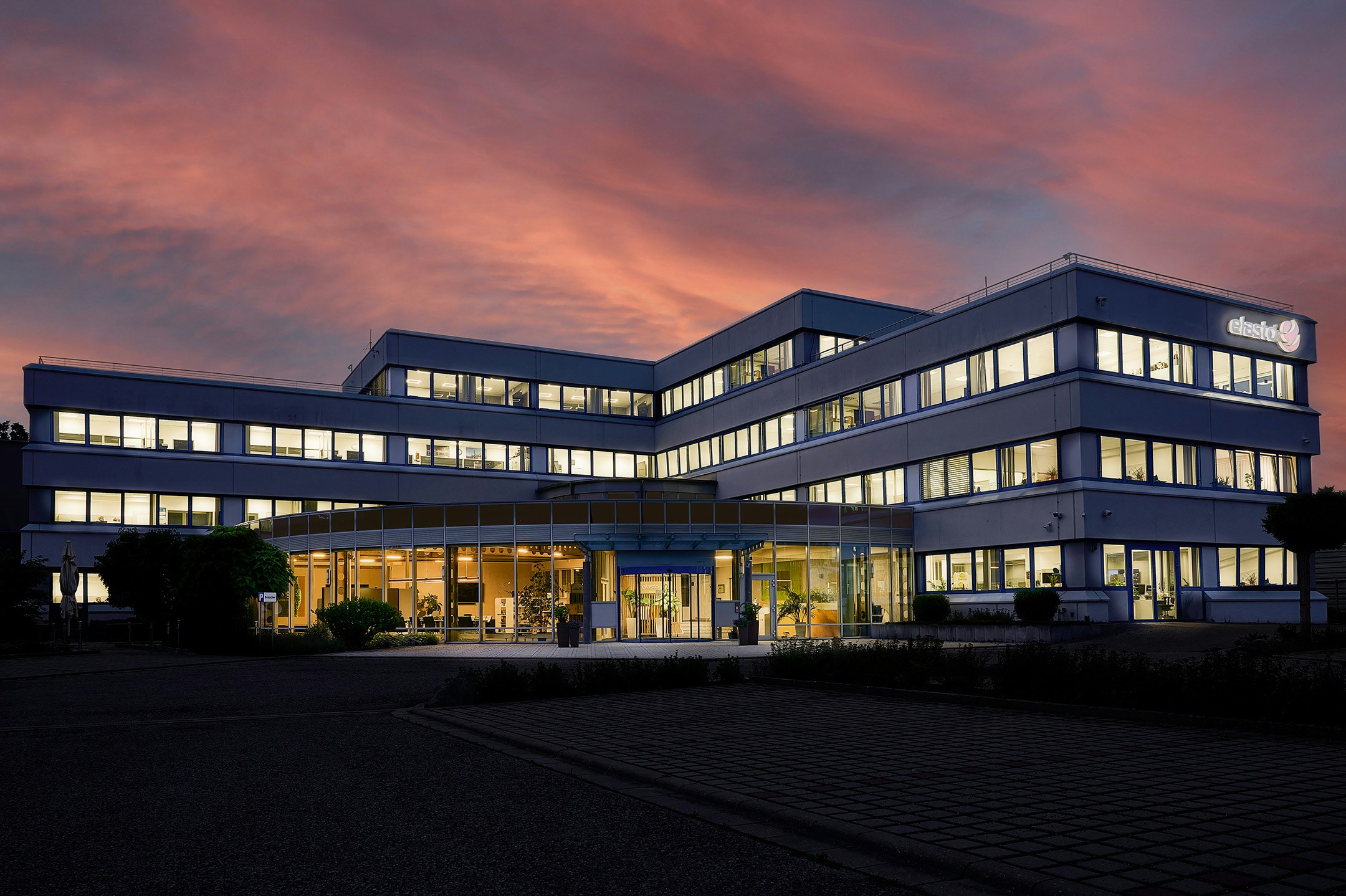 Elasto building with evening sky