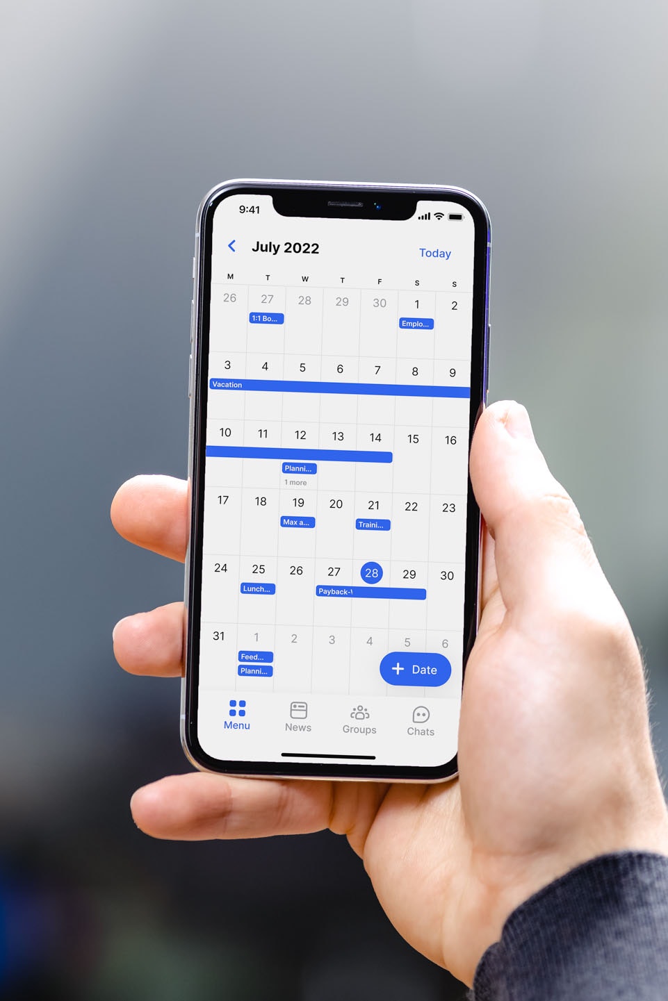 Smartphone mockup shows a calendar in the display