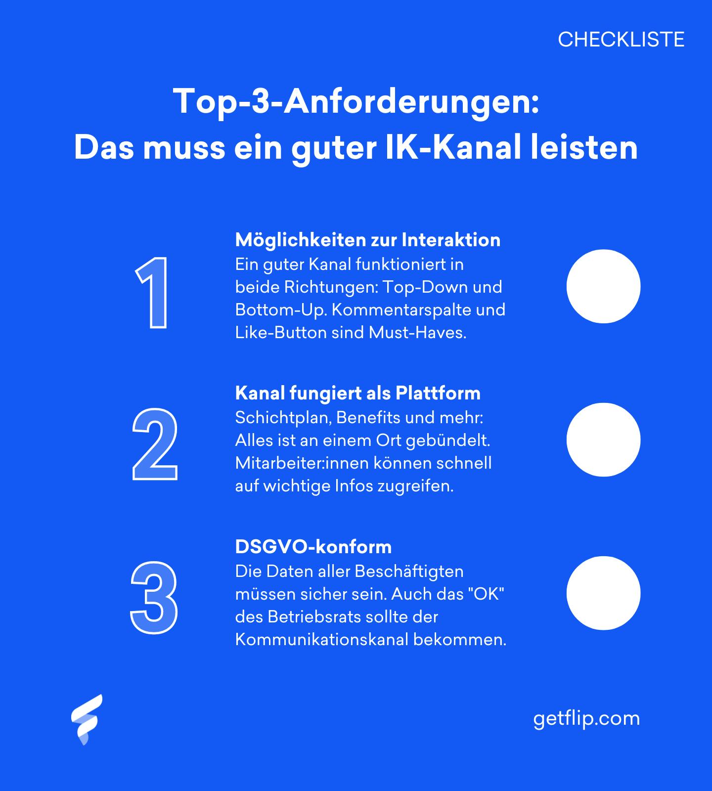 Checkliste, die die drei wichtigsten Anforderungen für einen guten Kanal für die interne Kommunikation zusammenfasst Checkliste, die die drei wichtigsten Anforderungen für einen guten Kanal für die interne Kommunikation zusammenfasst