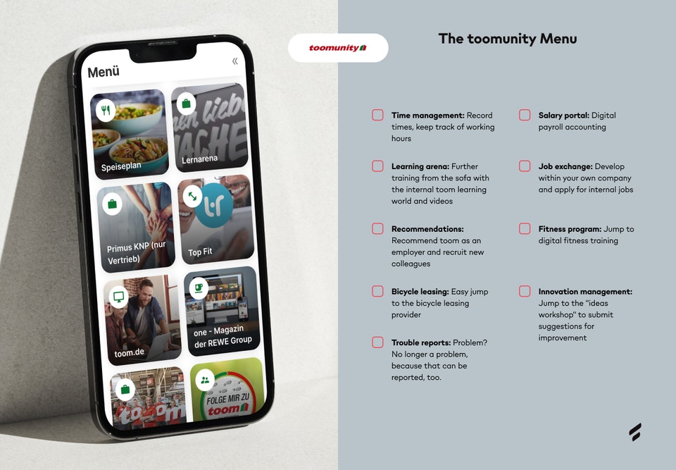 The toomunity menu – image showing the different features of Flip's app including time management, learning arena, trouble reports, salary portal, and innovation management.