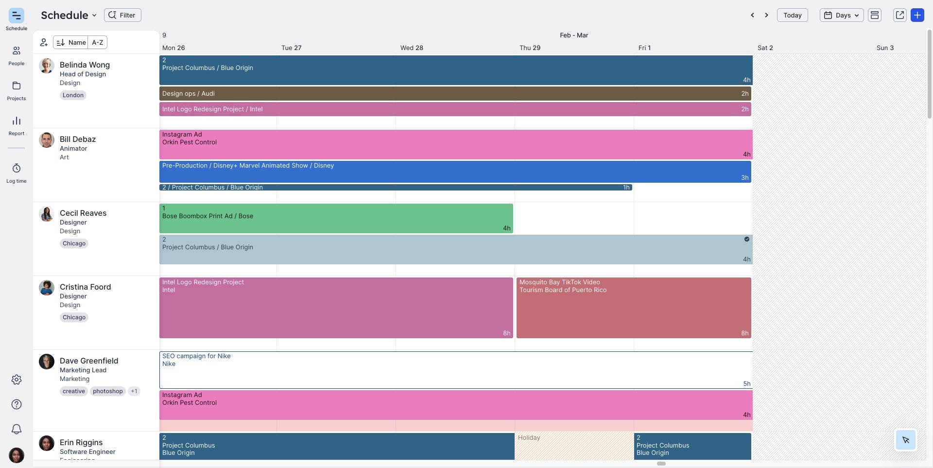 A view of a team's schedule in Float