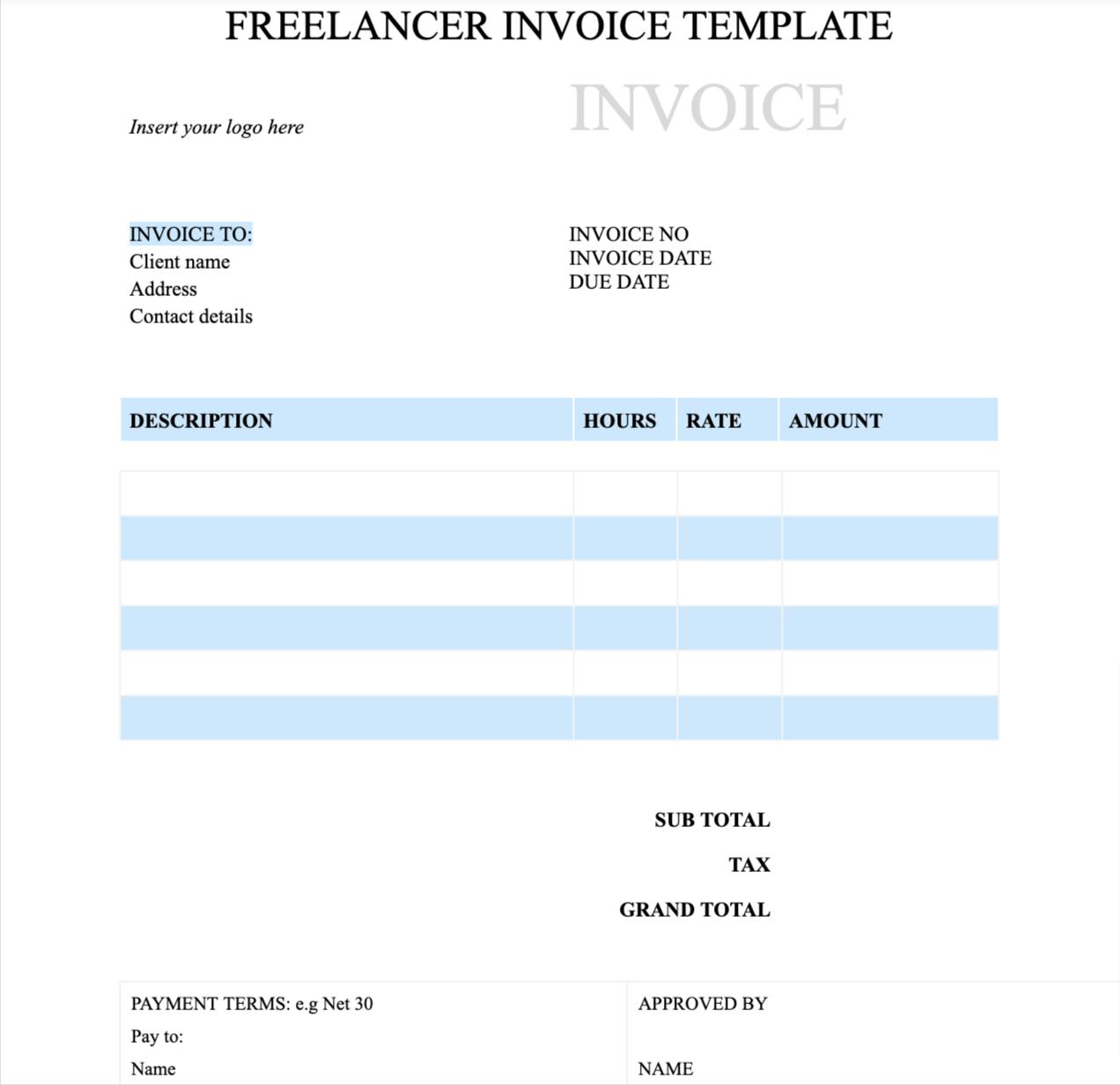 Freelancer invoice template in Google Docs