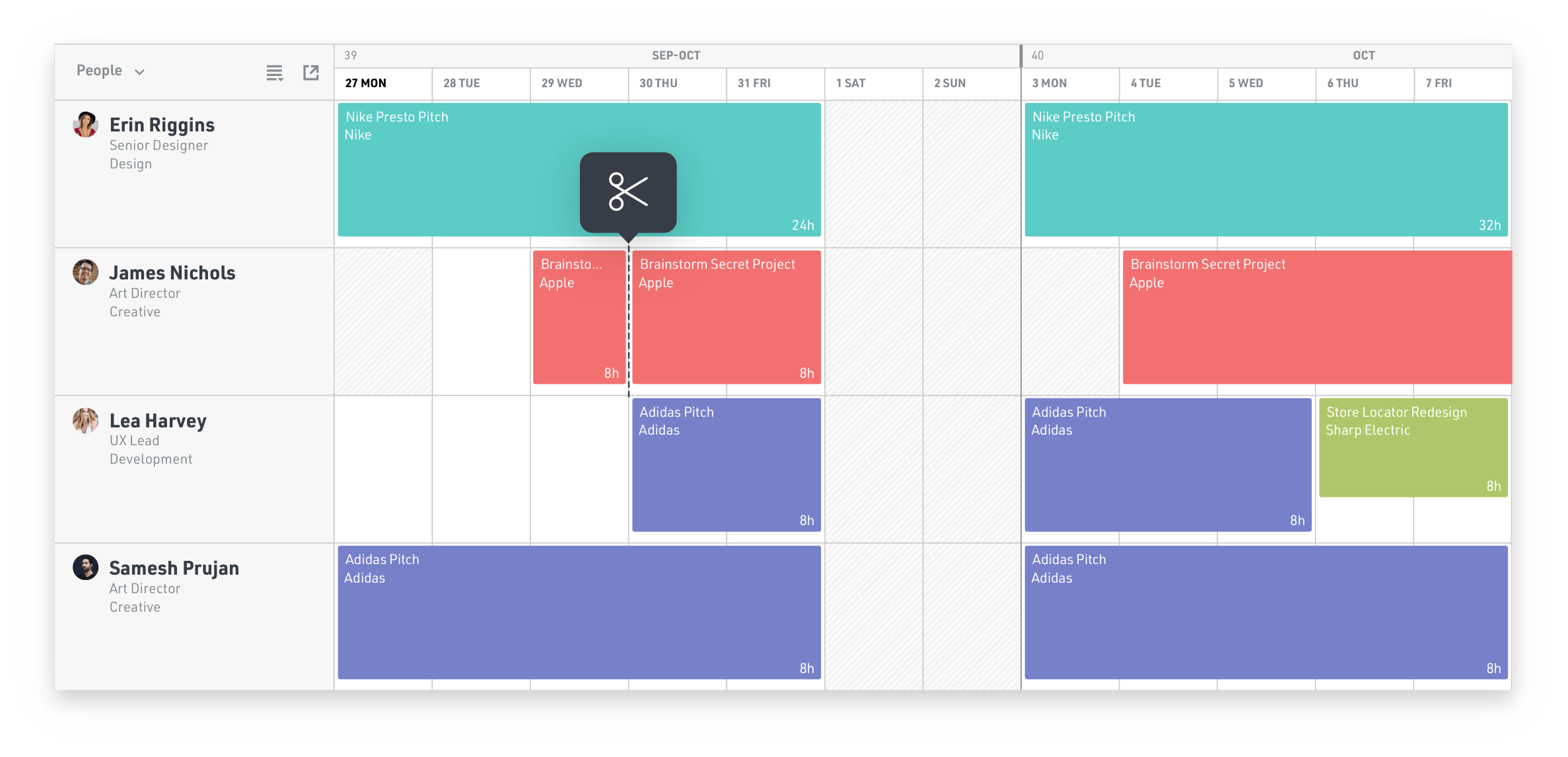 Screenshot of editing a schedule in Float using right-click menu and shortcuts