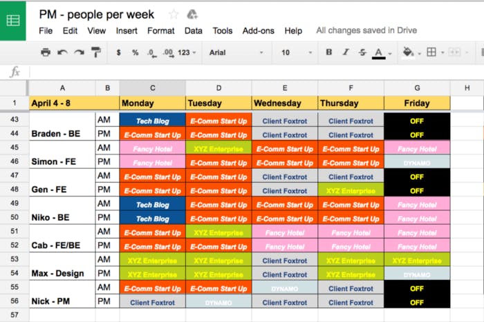 Resource Calendar Spreadsheet