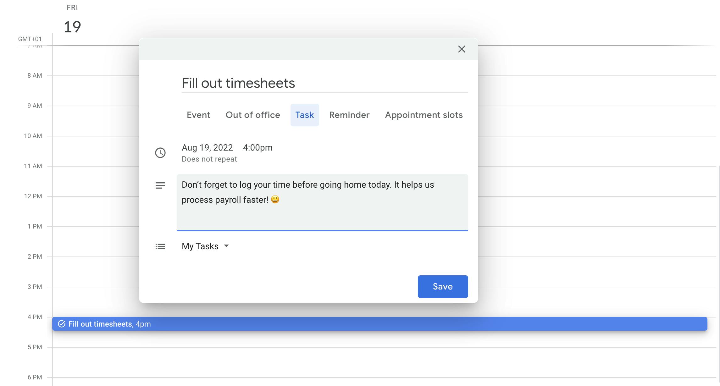 Screenshot of calendar showing task with headline "Fill out timesheets"