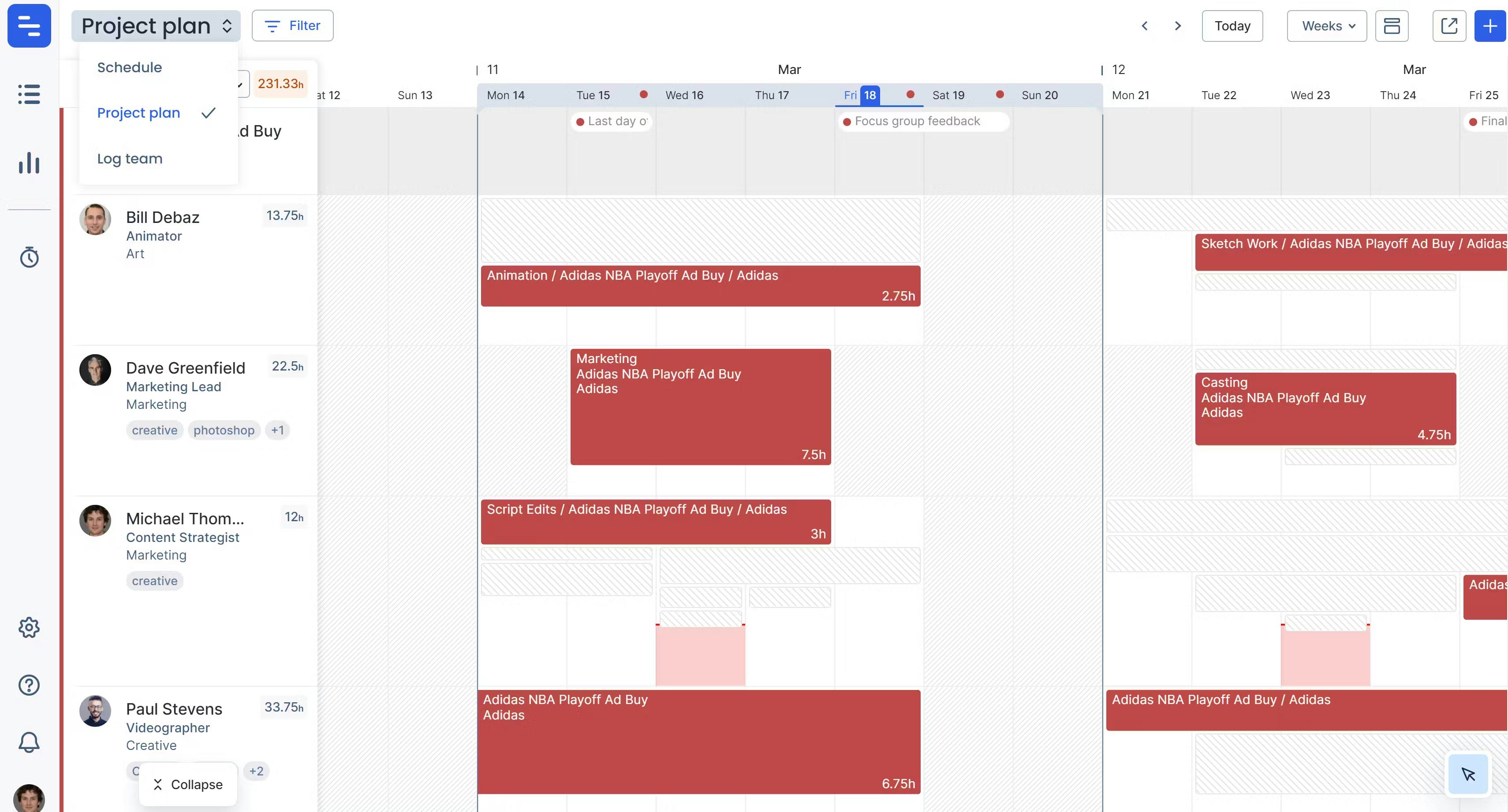 project planning phase A view of projects in Float that supports the project planning process