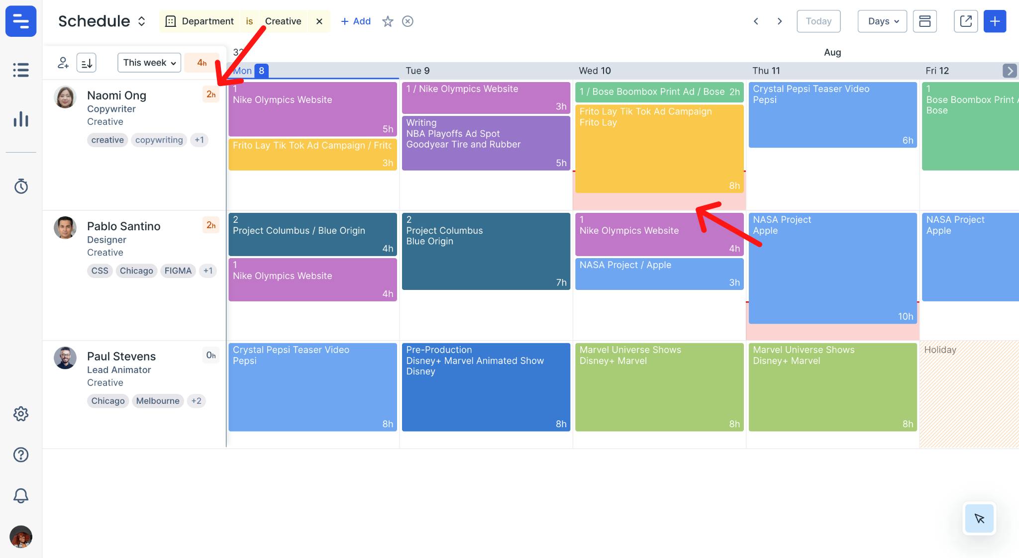what is resource assignation system Overtime is indicated in red on team's schedule