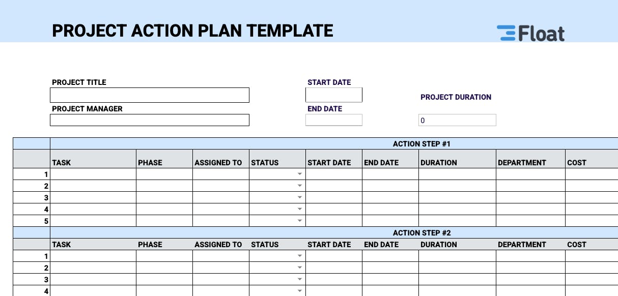 a screenshot of an action plan template in google sheets