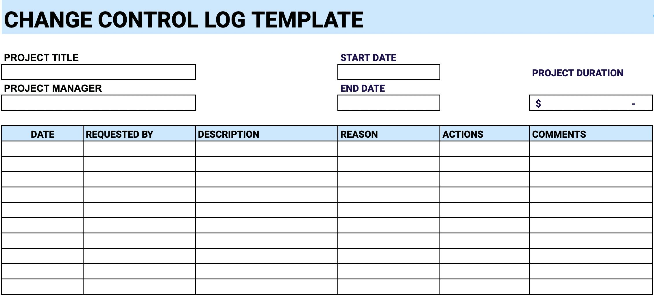 Change control log template