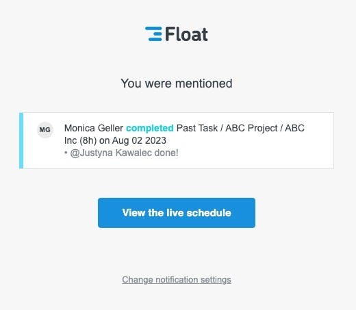 Notification message from Float informing team member of a mention