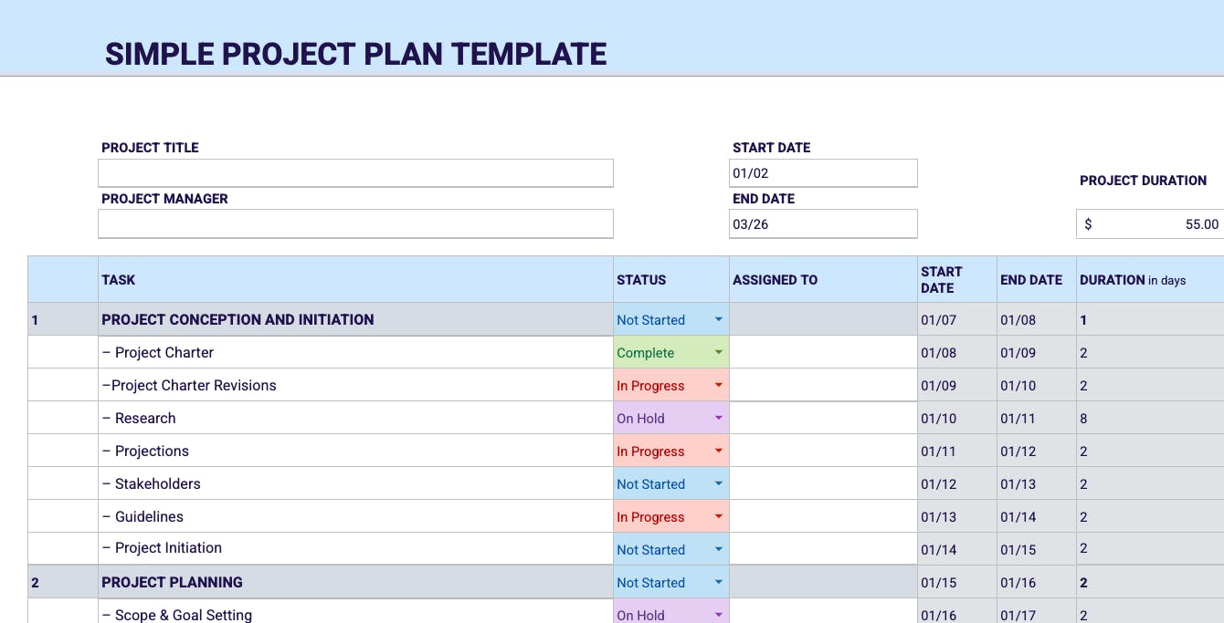 Simple project plan template 