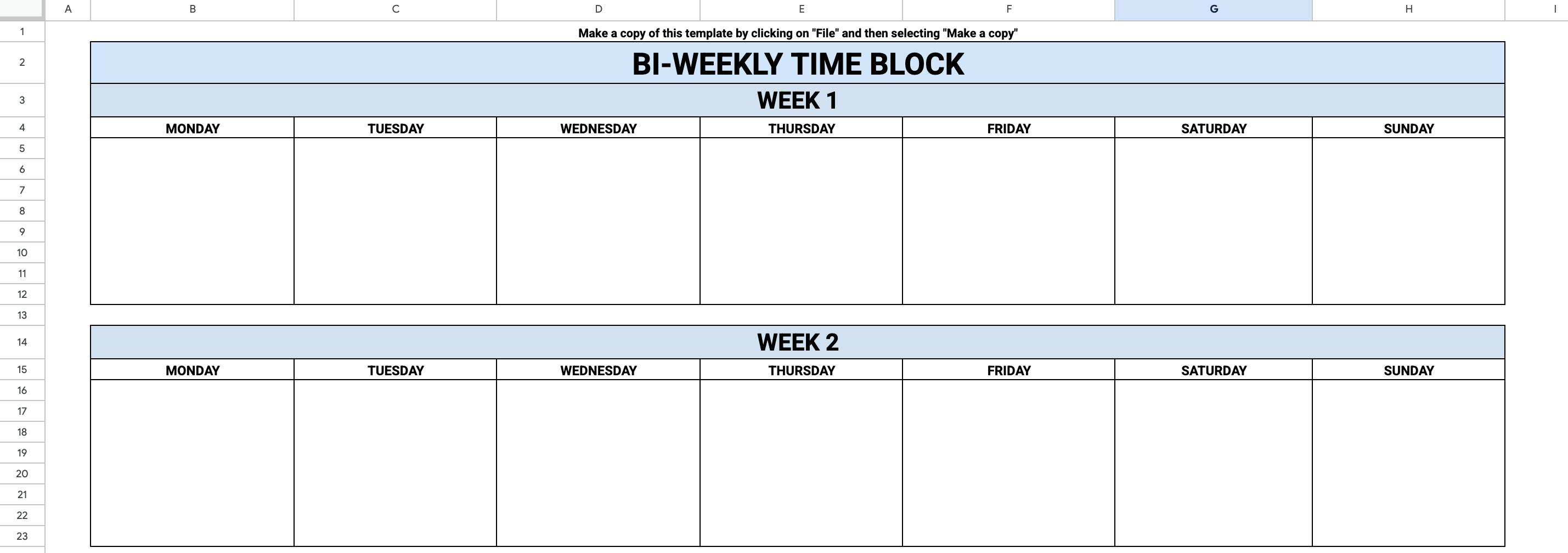 Bi-weekly time blocking template