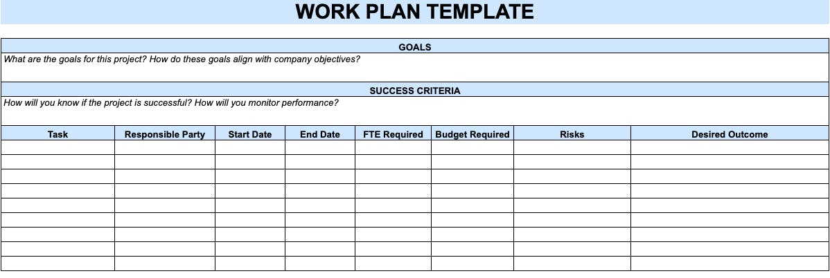 a screenshot of a work plan template from a file in a format for excel