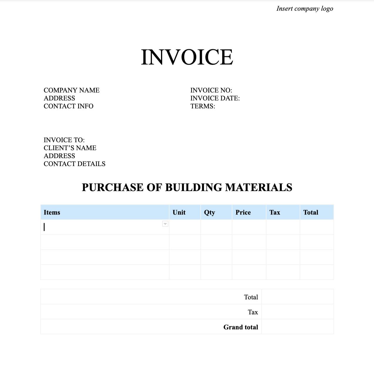 Construction invoice template in google docs