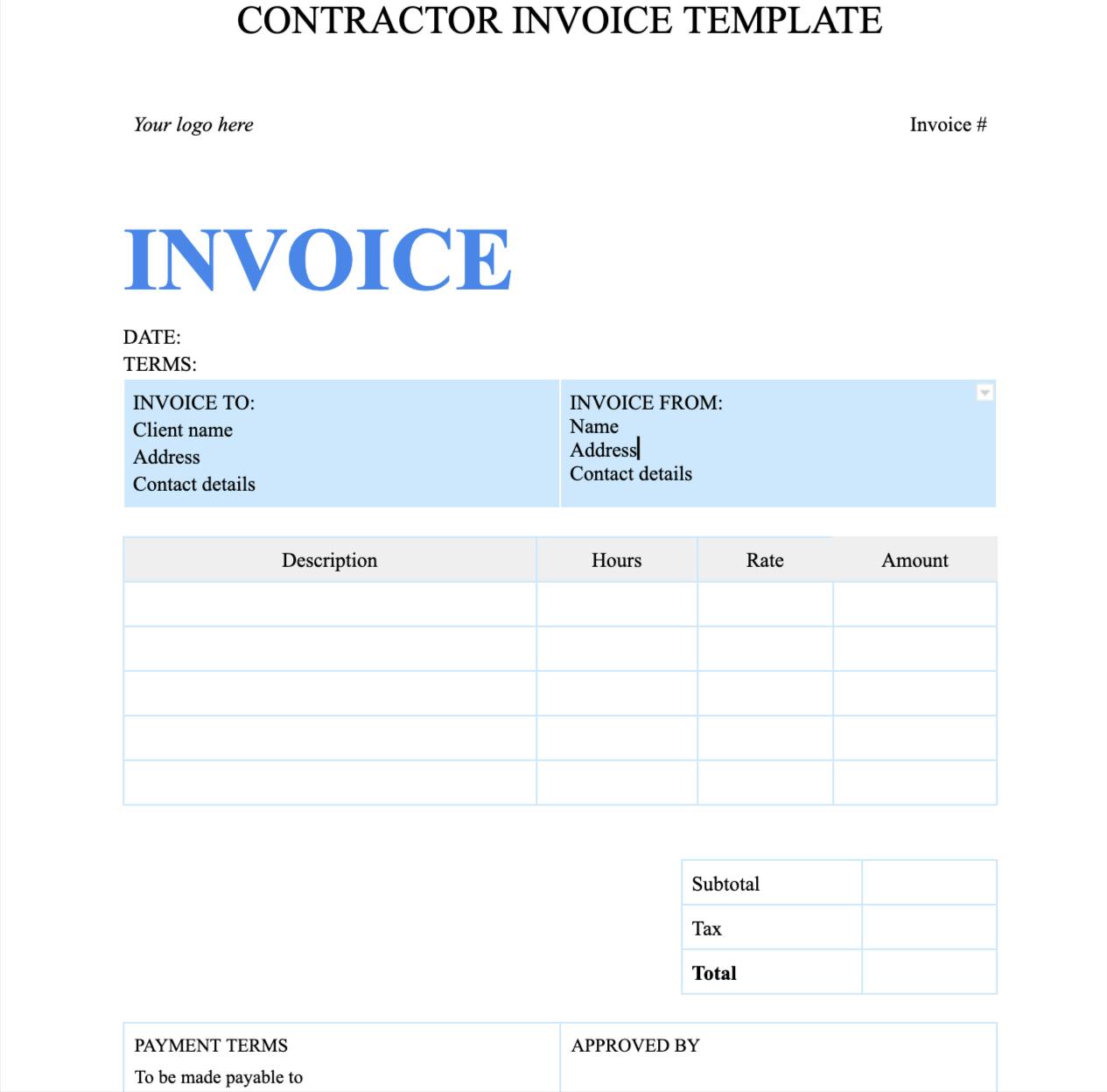 Contractor invoice template in Google docs