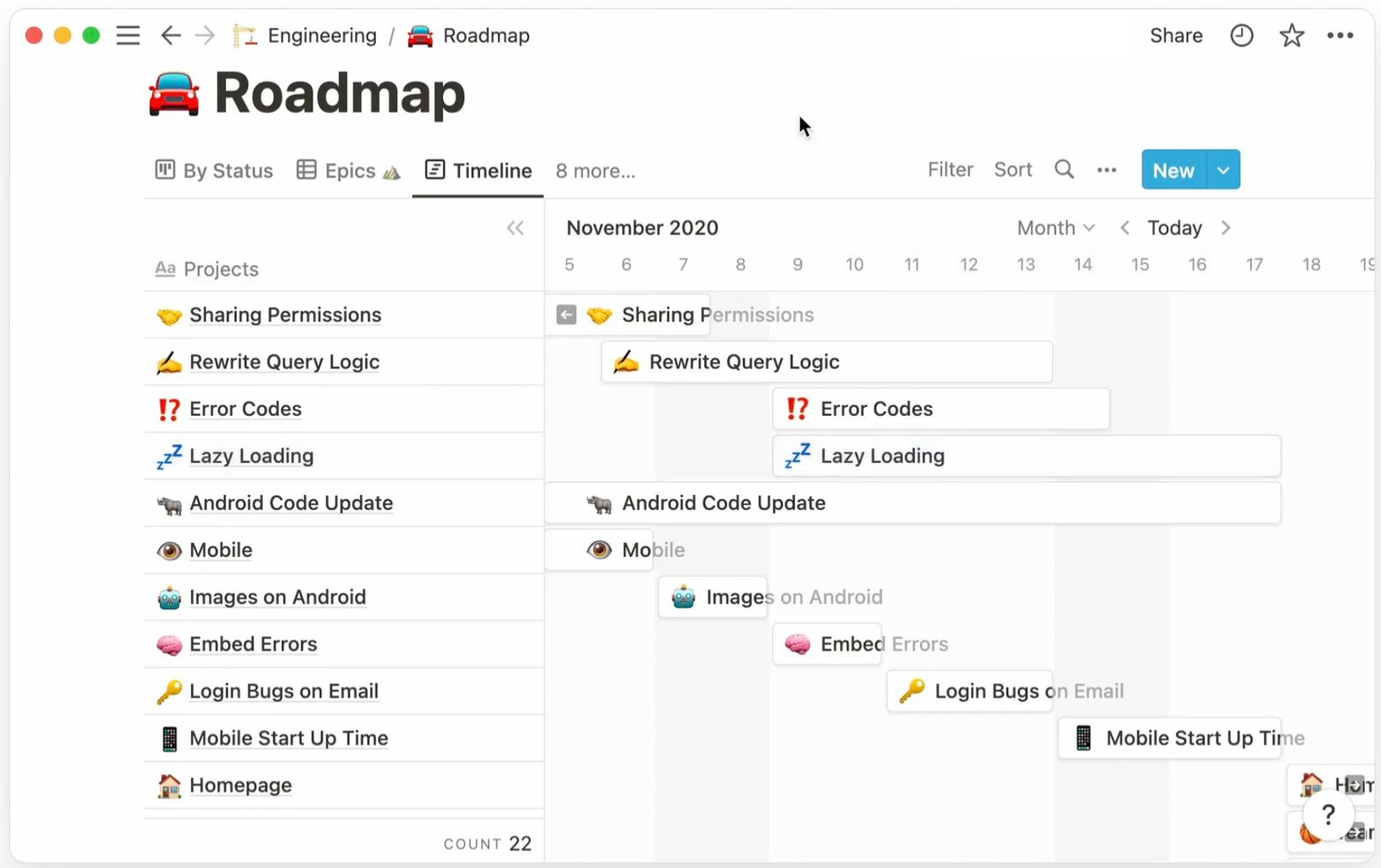 Notion's timeline template