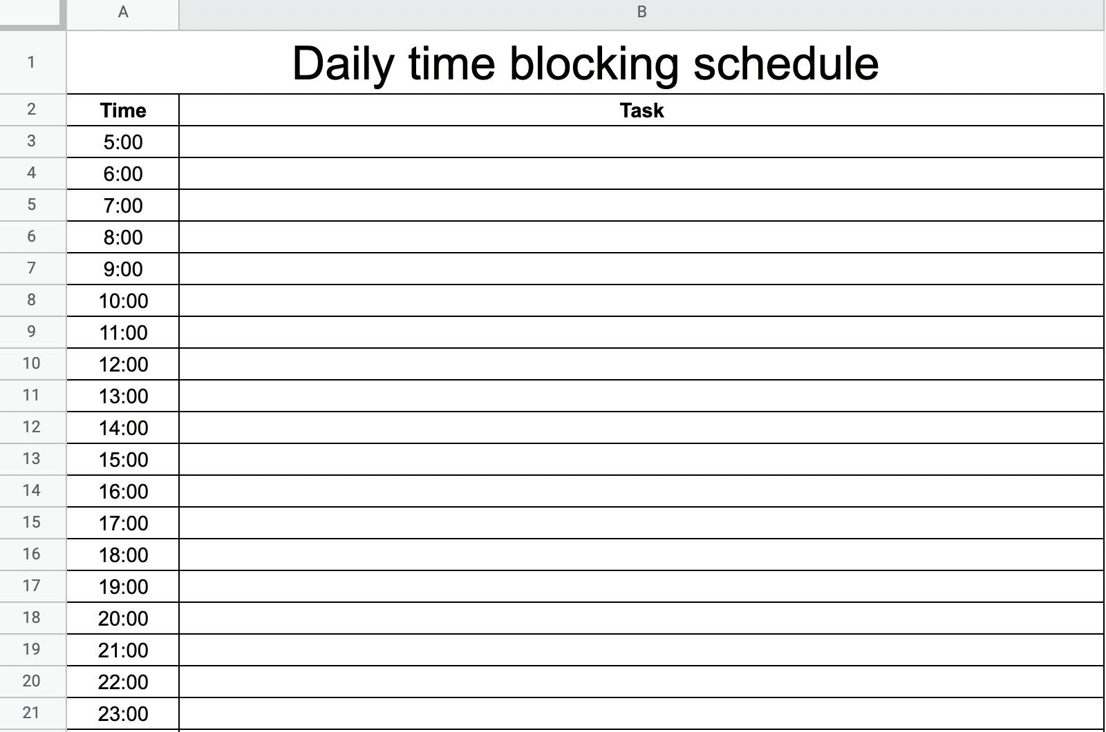Hourly time blocking template 