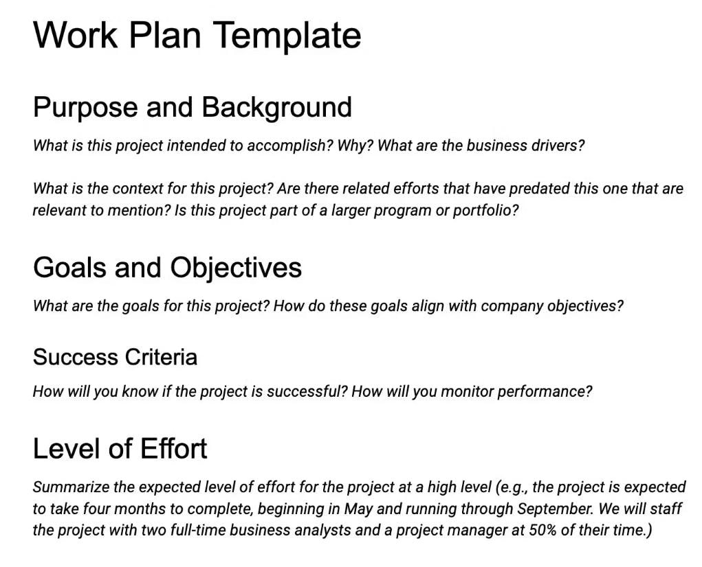 screenshot of a work plan template in google docs