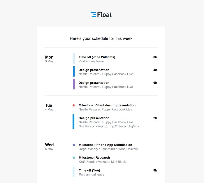 Float Weekly Resource Calendar Schedule