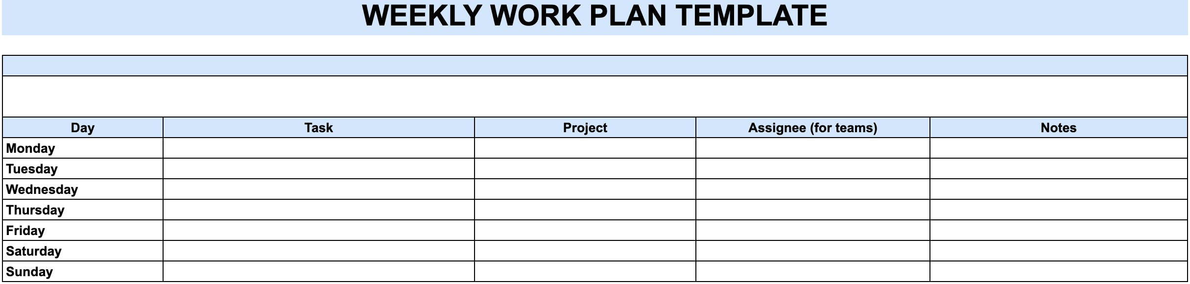 Screenshot of weekly work plan template