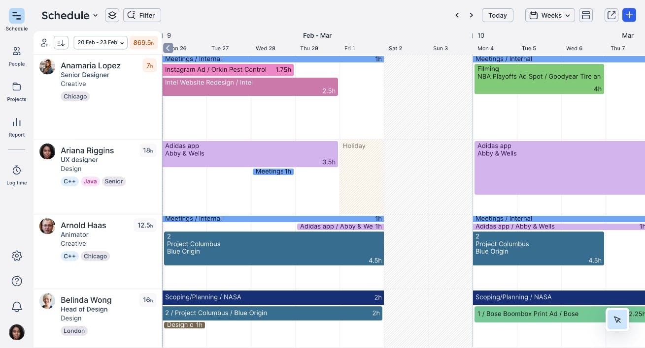A team's schedule in Float with blocks of time allocated to projects