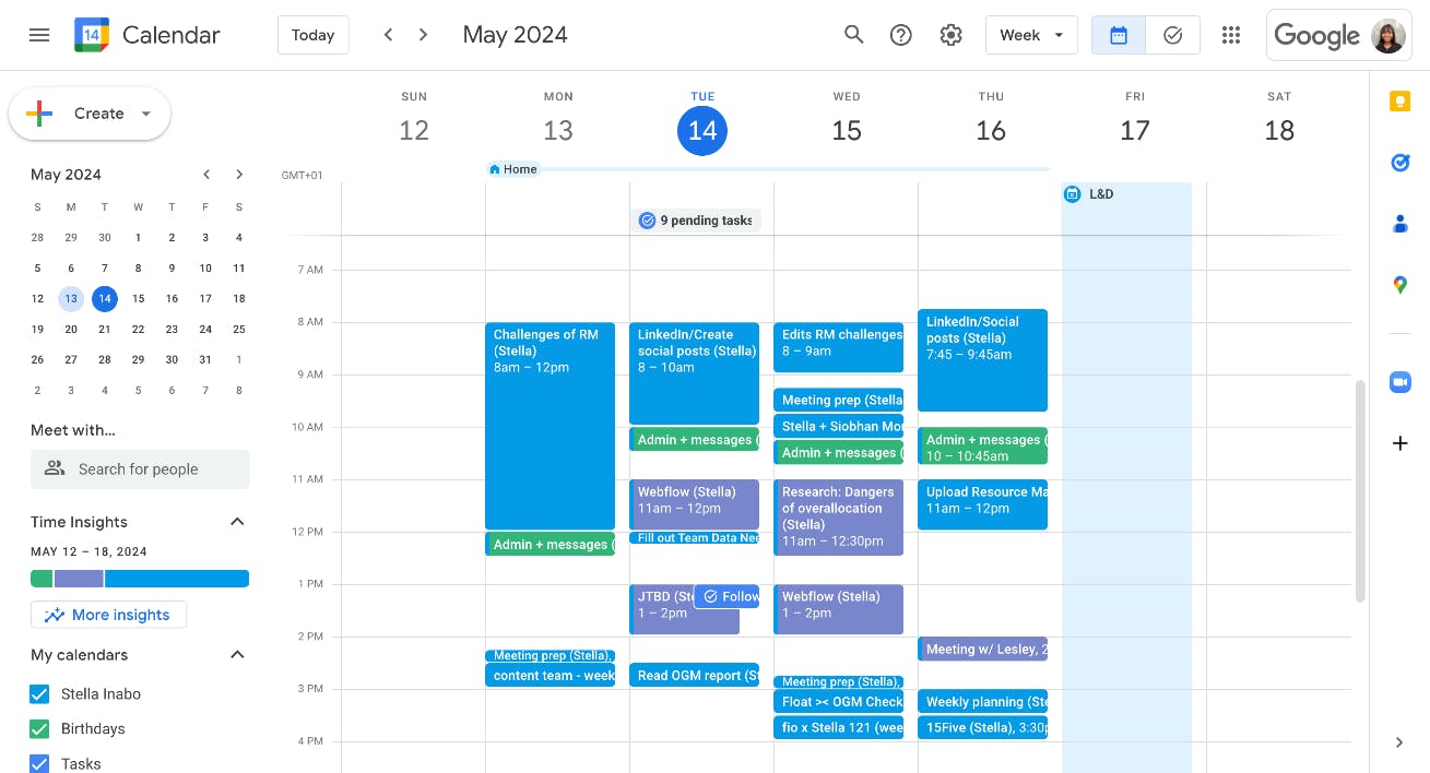 Calendar of a Float team member showing time blocks for admin tasks