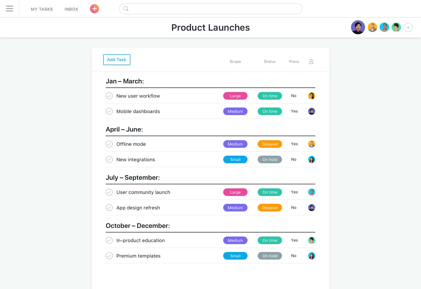Overview of a product launch timeline in Asana