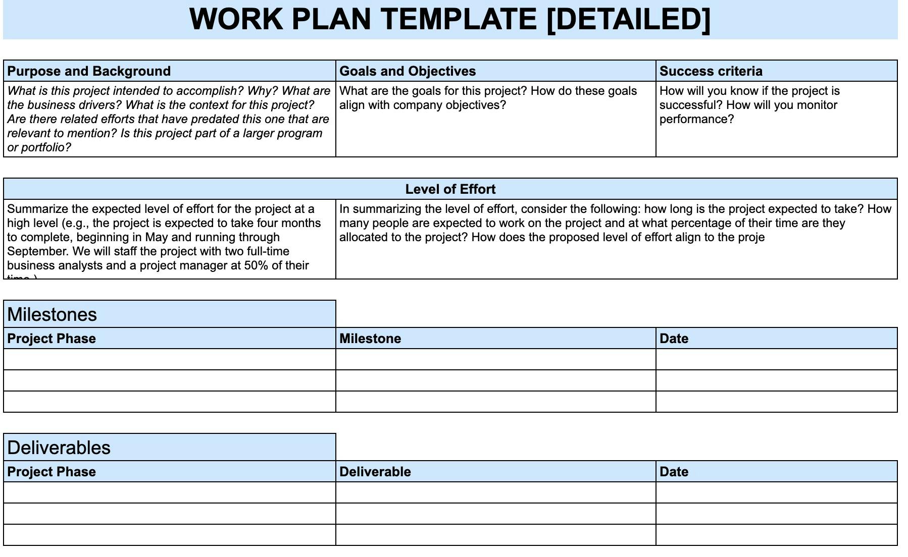 screenshot of a work plan template in spreadsheet format