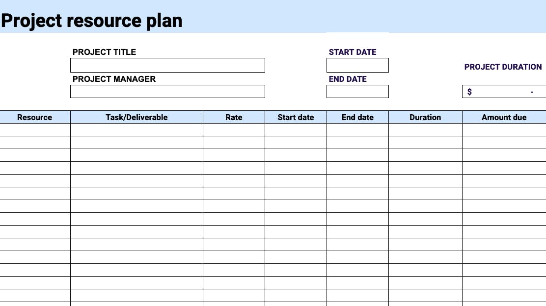 Project resource plan template