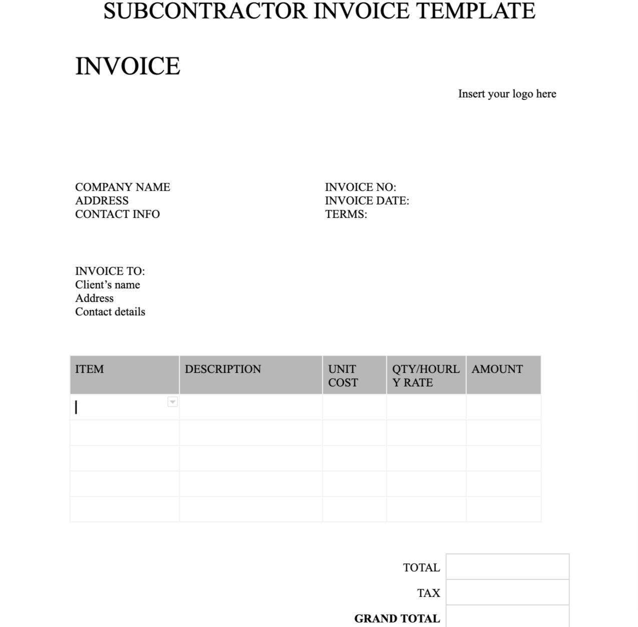 Subcontractor invoice template in google docs